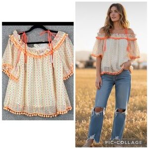 Tessora boho colorful blouse L Anthropologie Pom Pom tassels festival